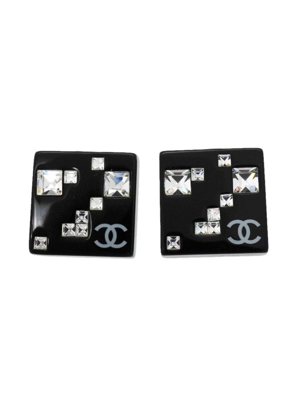 Chanel Earrings CC Logo Square Metal Rhinestone Silver Black